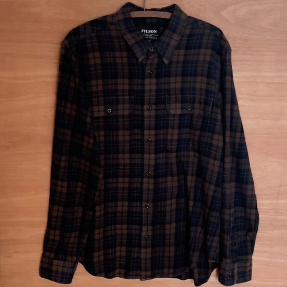 FILSON Alaskan Guide flannel shirt plaid men's size L cotton blue brown pockets - Picture 3 of 8